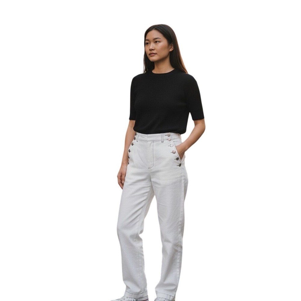 Karl Lagerfeld Paris White Linen Blend Sailor Pants Contrast Stitch 16 L5CK5217